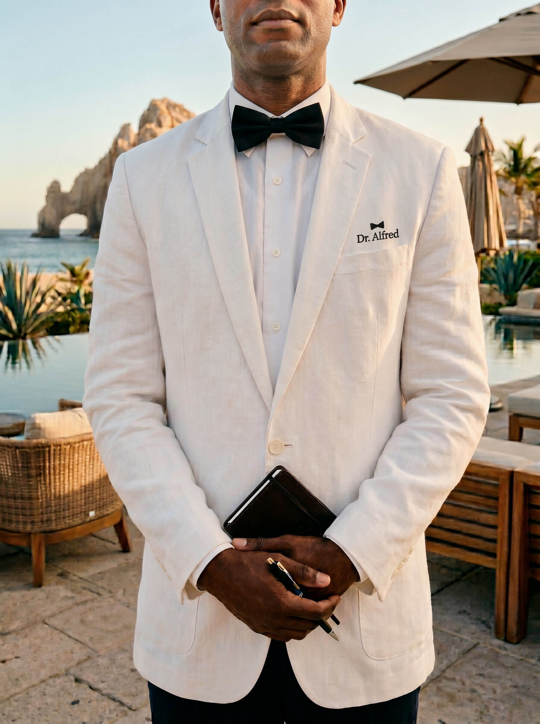 A gloved butler offering a martini on a silver tray, set against a deep olive velvet curtain.